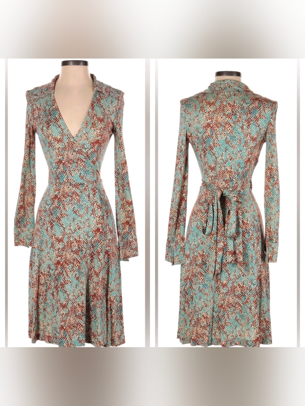 Diane Von Furstenberg Size 2 100% Silk Wrap Dress With Collar In Snakeskin Print